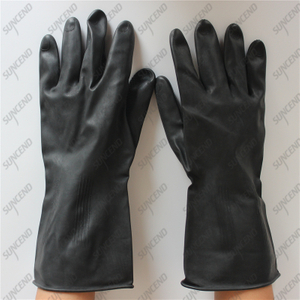 White flock lined embossed black latex industrial chemical resistant gloves