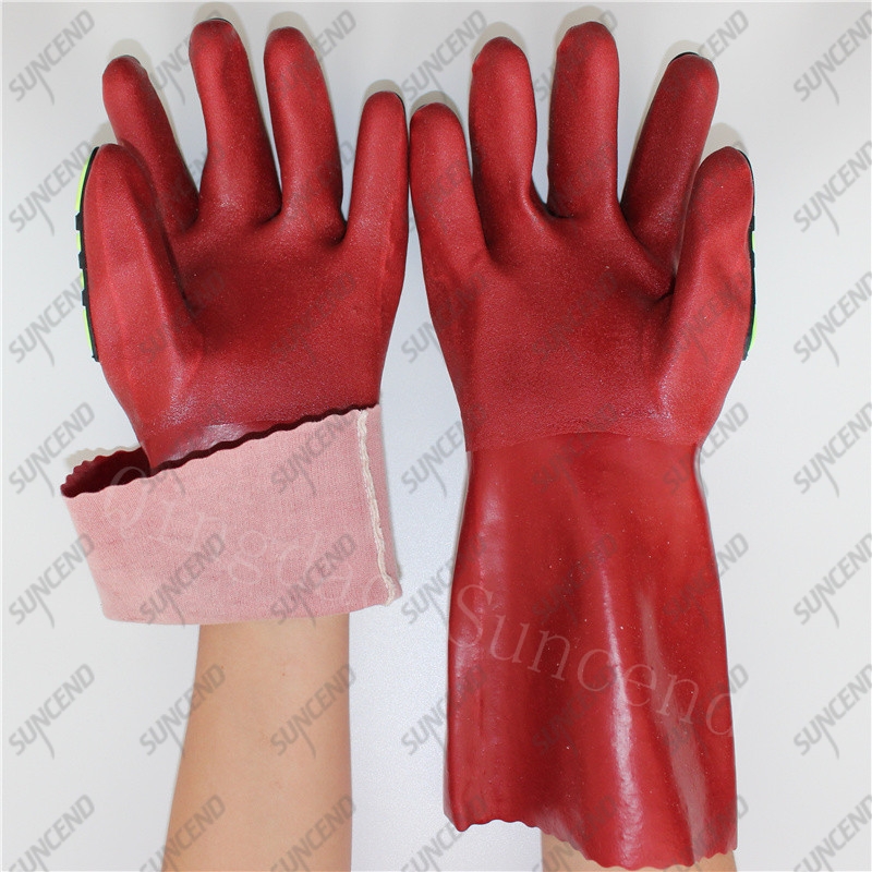 30cm cotton liner TPR gauntlet red sandy PVC mining gloves