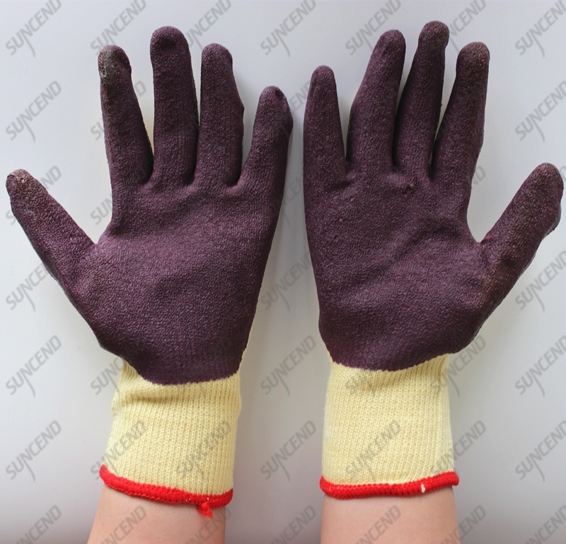 Industrial 10G yellow polycotton anti slip grip crinkle latex work gloves