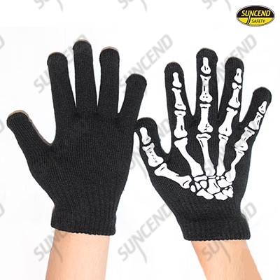 Black knitted gloves with skeleton printed on back for fun 