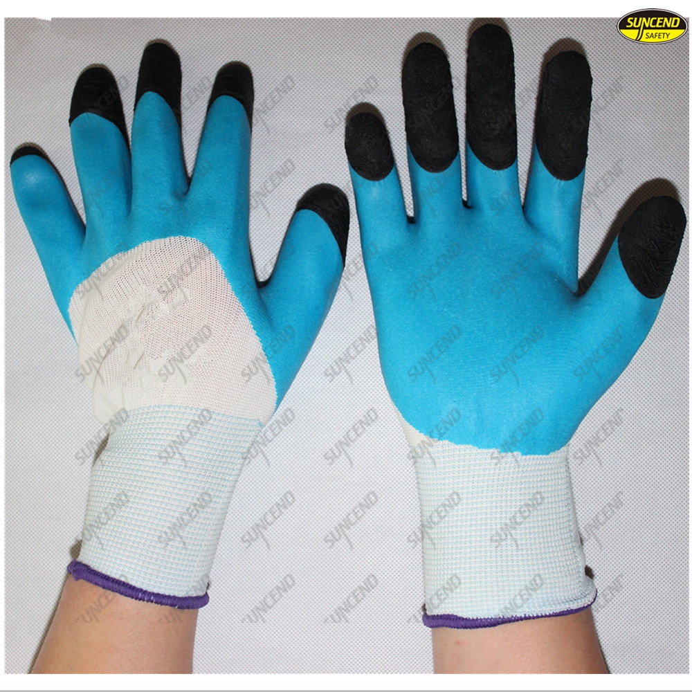 Flexible polyester liner natural latex coated working gloves