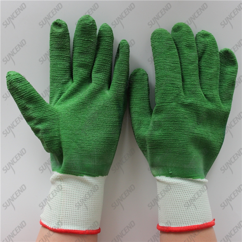 13G nylon seamless green full coated wrinkle latex work gristle gloves