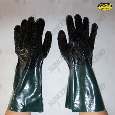 Black plam green cuff pvc dipped gloves with rough finish 