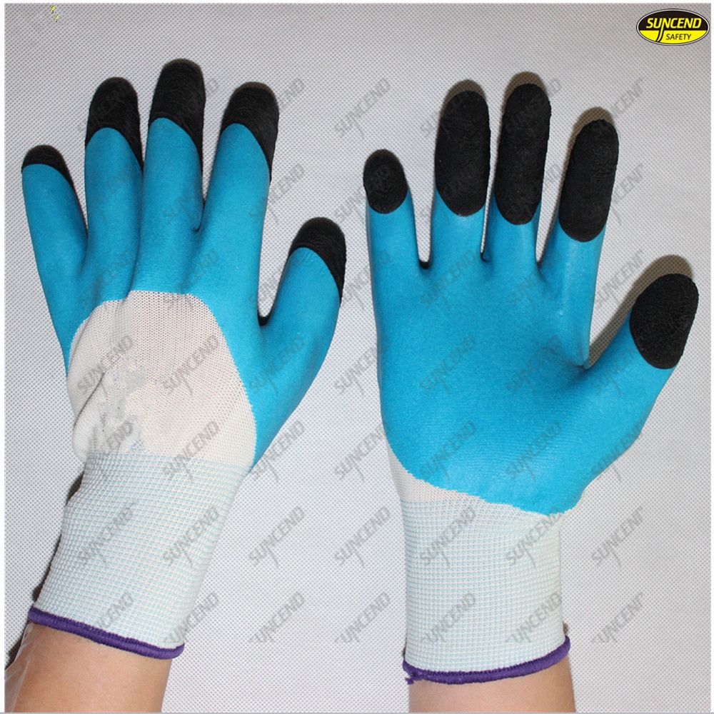 Flexible polyester liner natural latex coated working gloves