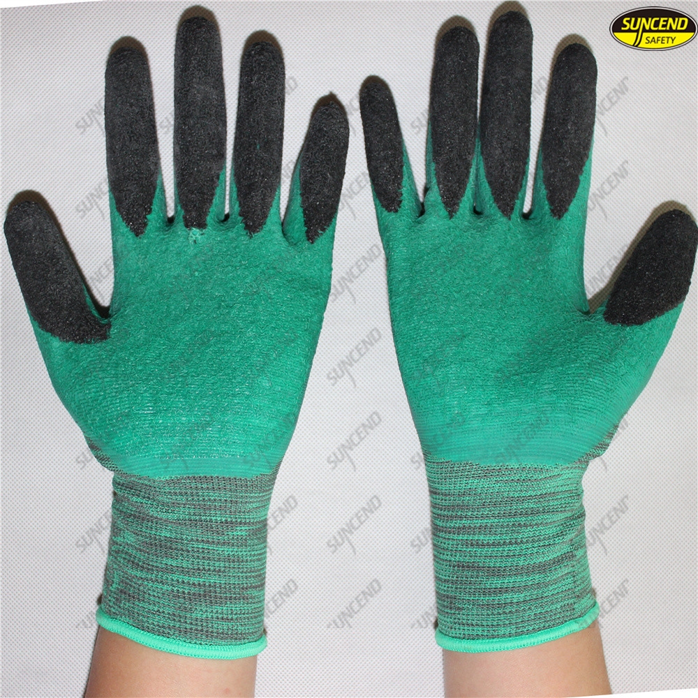 Polyester liner double color crinkle latex coated work gloves