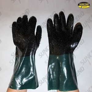 Black plam green cuff pvc dipped gloves with rough finish