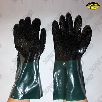 Black plam green cuff pvc dipped gloves with rough finish