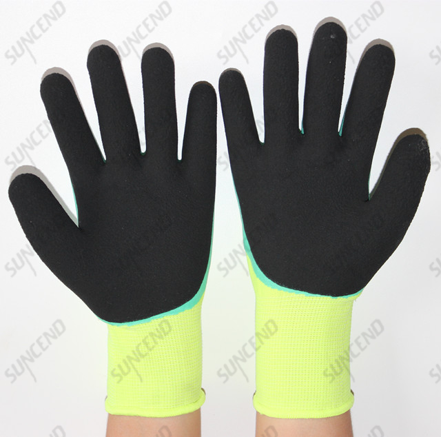 Yellow Polyester Shell with 3/4 Green Flat Latex And The Second Coating with Foam Latex Work Glove