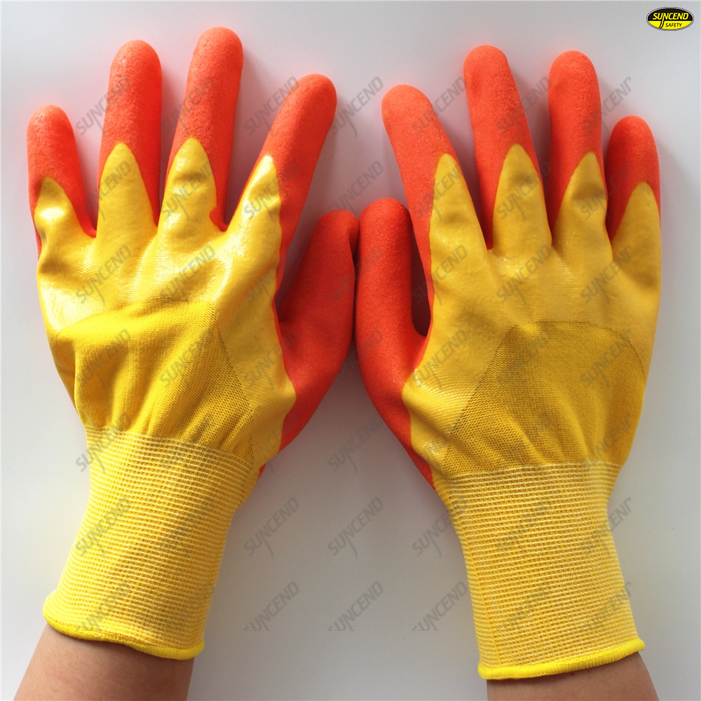 13g yellow yarn polyester chemical resistant finger reinforced sandy nitrile co