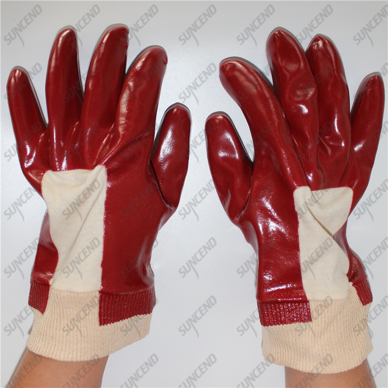 Jersey cotton lining 3/4 coating smooth red PVC anti chemical gloves