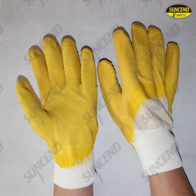 Jersey lined yellow latex 3/4 coated work gloves with crinkle finish