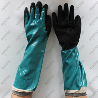 Nylon liner safety long cuff smooth sandy blue black nitrile coated gloves 