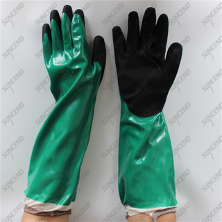 Nylon lining palm reinforced double coated smooth sandy nitrile long work gloves