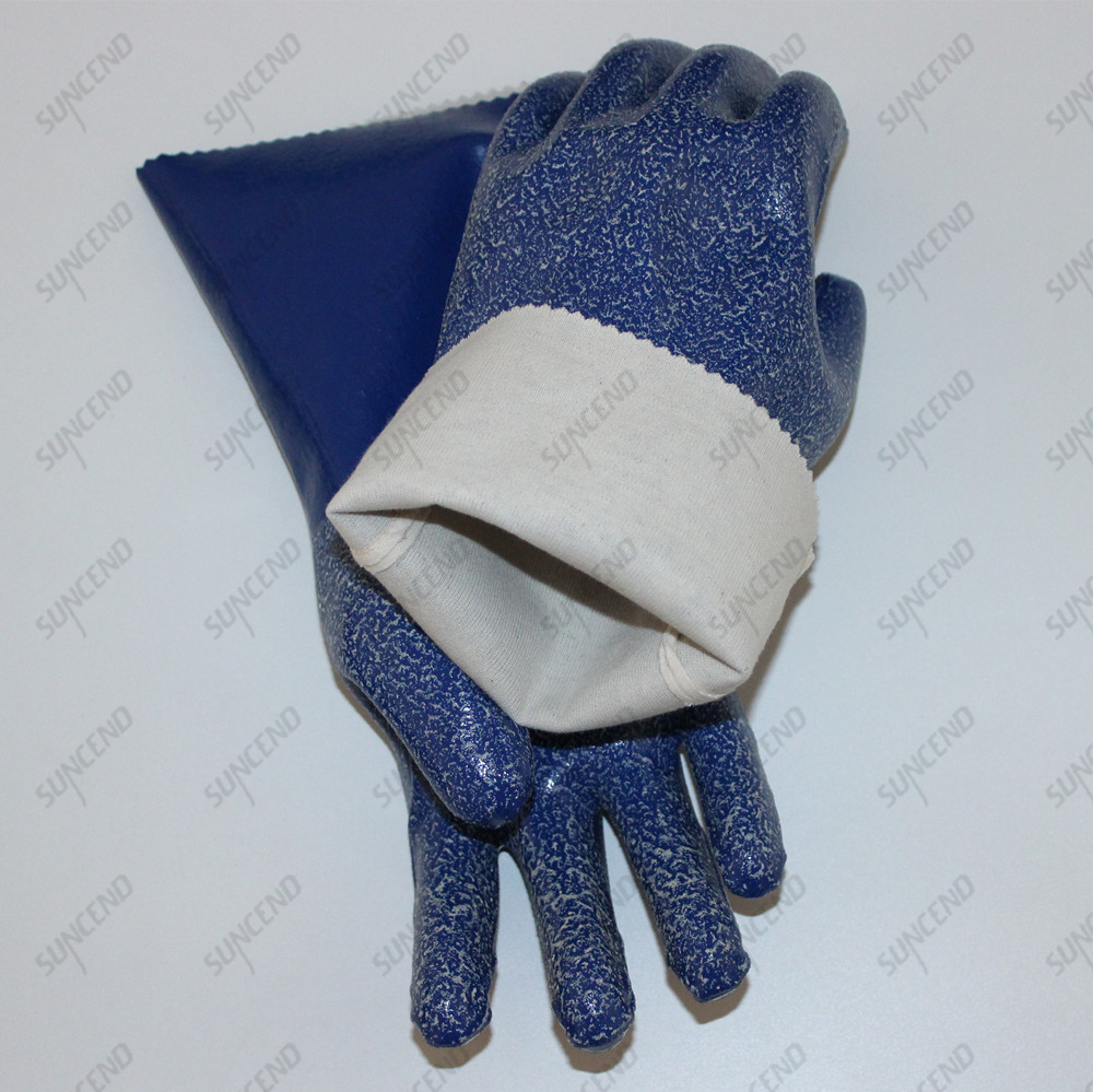 Blue Nitrile Fully Dipped Rough Finish Anti Slip Anti Chemical Safety Gloves with 100% Cotton Liner