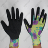 Flower color polyester shell half coated crinkle latex garden work gloves