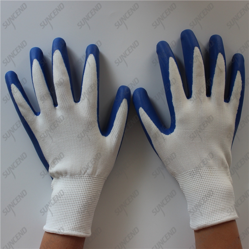 Seamless 13G nylon shell palm coated smooth blue latex work gloves