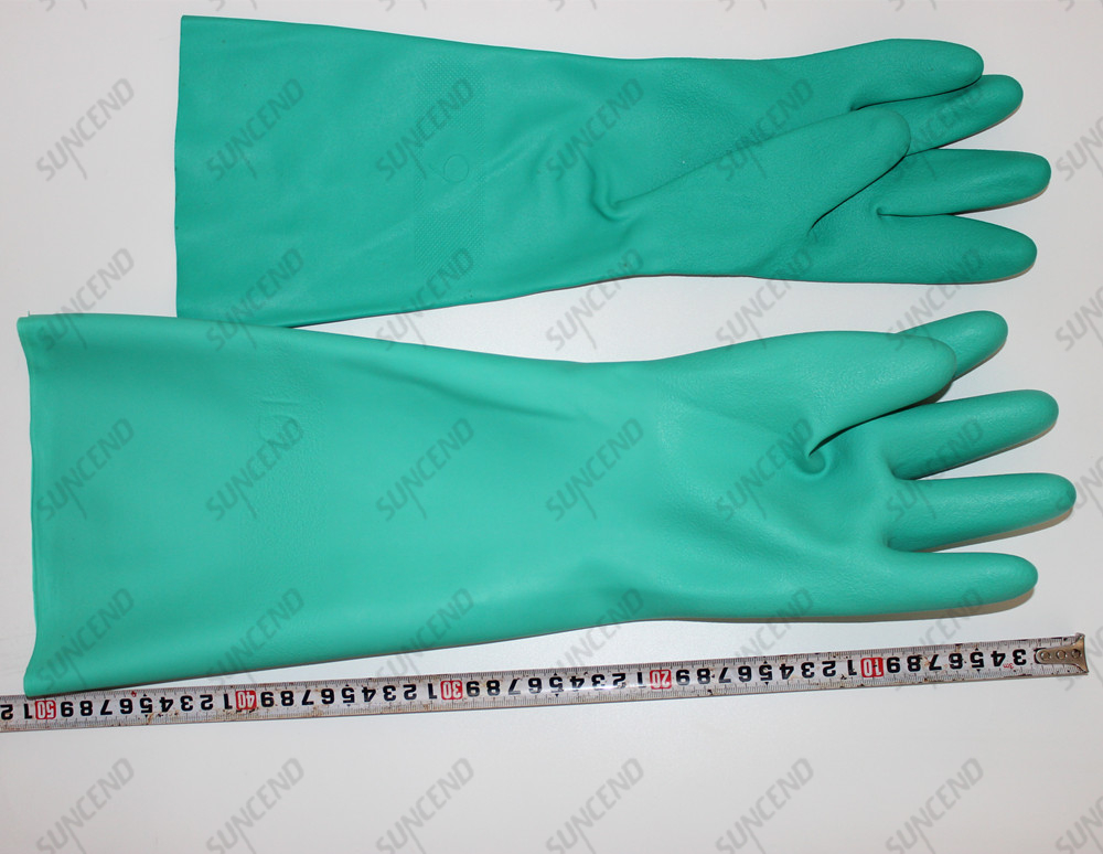 Diamond Textured Finish Chemical Resistant 45cm Green Nitrile Fully Coated Safety Gloves 