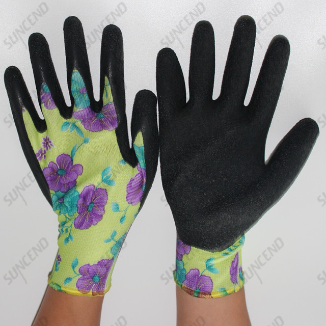 Flower color polyester shell half coated crinkle latex garden work gloves