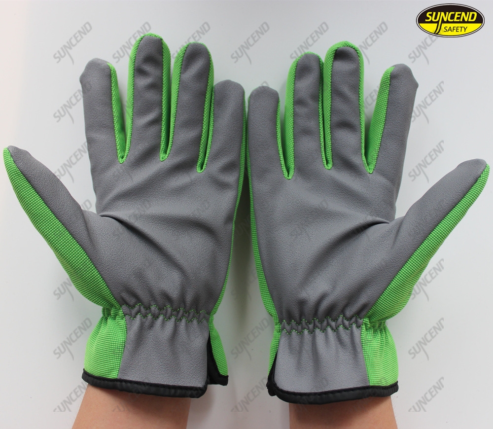 Oil resistant finger reinforced polyester synthetic leather palm safety hand wor