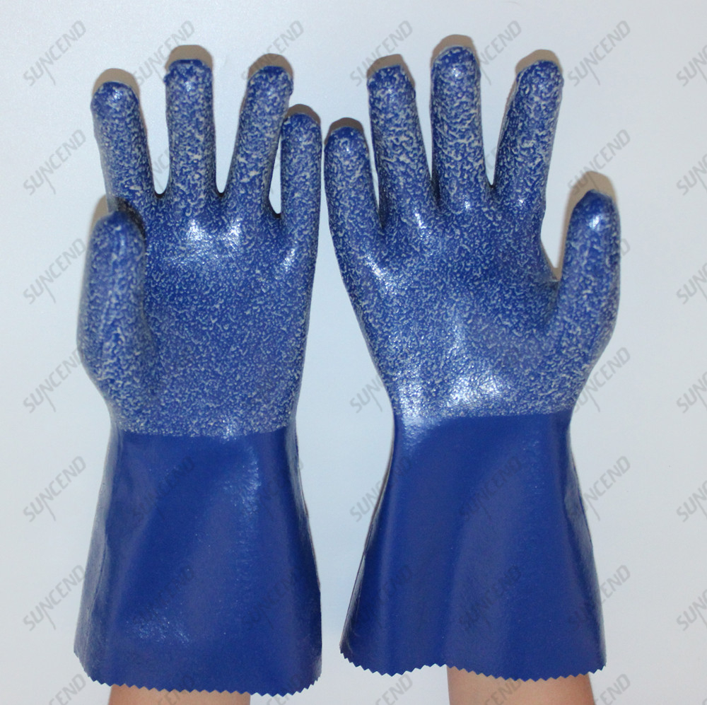 Blue Nitrile Fully Dipped Rough Finish Anti Slip Anti Chemical Safety Gloves with 100% Cotton Liner