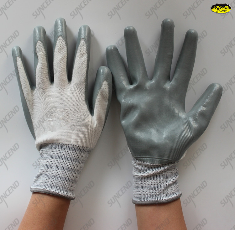 Polyester Coated Grey nitrile safety glove