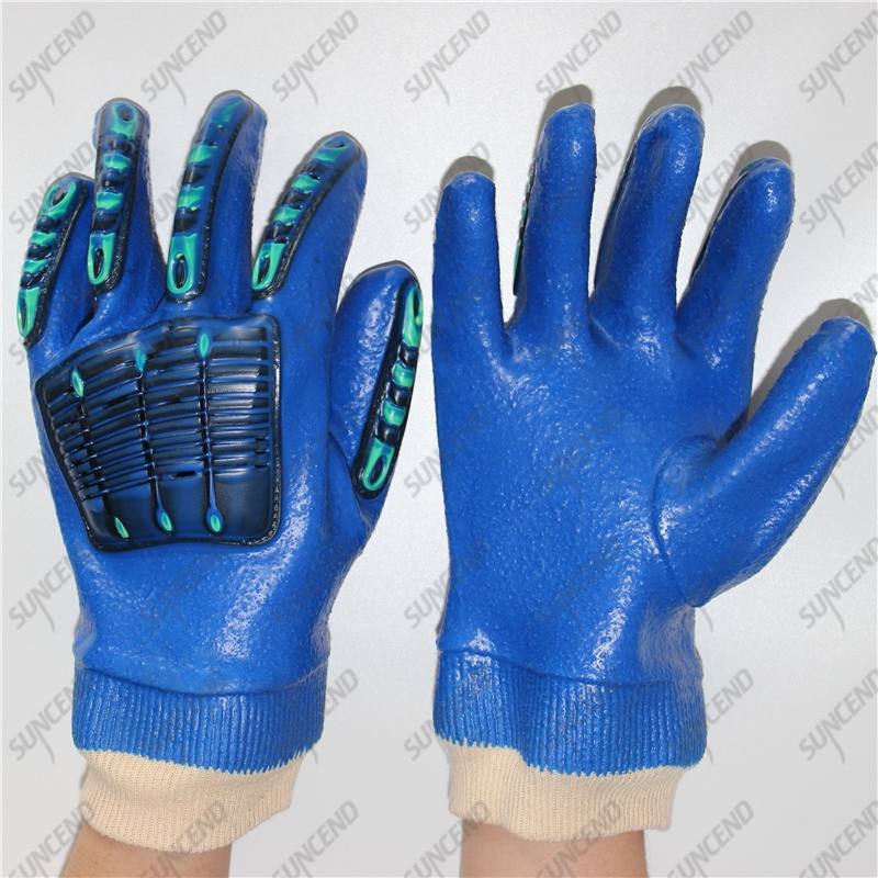 Knitted wrist full coated blue smooth PVC TPR mining impact gloves