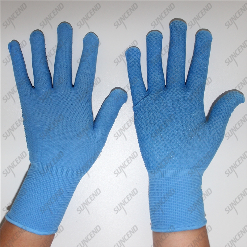 13 gauge blue nylon knitted single palm PVC dots garden gloves