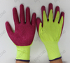 13 G fluorescent yellow polyester palm coated crinkle pink latex gloves