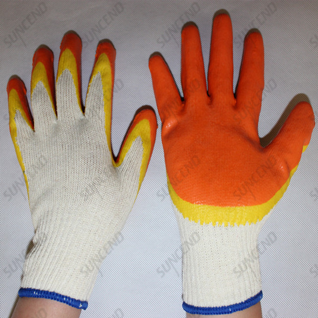 10G orange yellow bicolor latex coated work gloves for South America