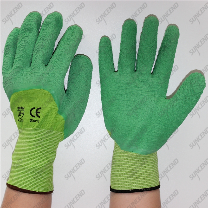 Firm grip heavy 13 gauge polyester gristle green wrinkle latex gloves