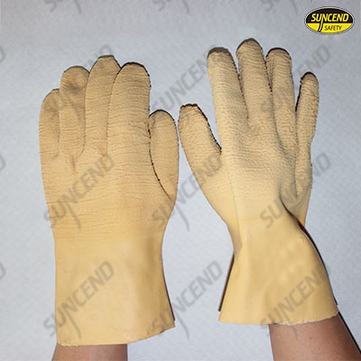 Light yellow latex fully dipped work gloves with crinkle finish
