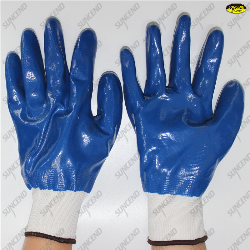 Seamless 13G polyester full coated blue smooth nitrile oil resistant gloves