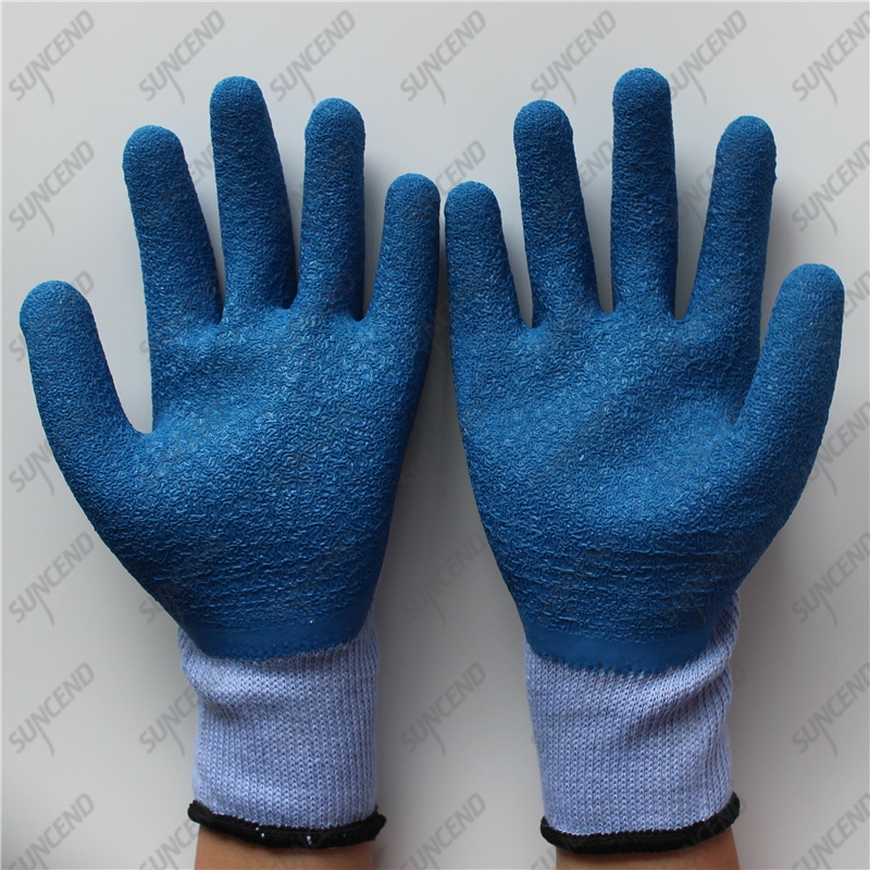 3/4 coating 5 yarn polycotton blue crinkle latex coated safety gloves