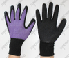 Purple 15g nylon+spandex knitted garden gloves with black latex coating on the p