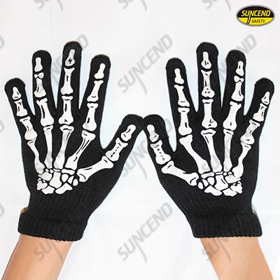 Black knitted gloves with skeleton printed on back for fun 