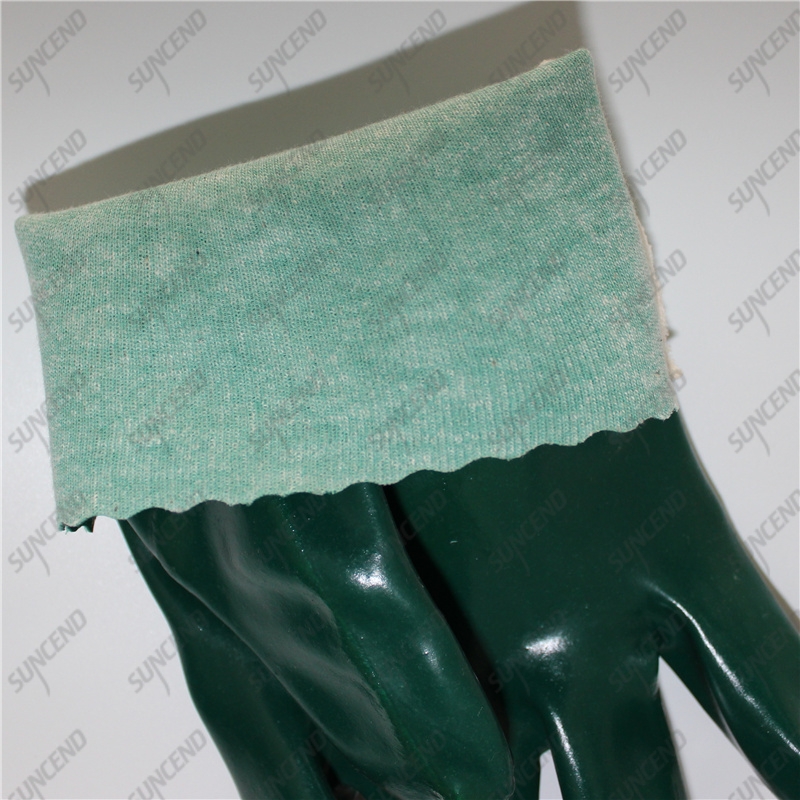 Chemical resistant green smooth PVC fishery gloves with interlock cotton liner