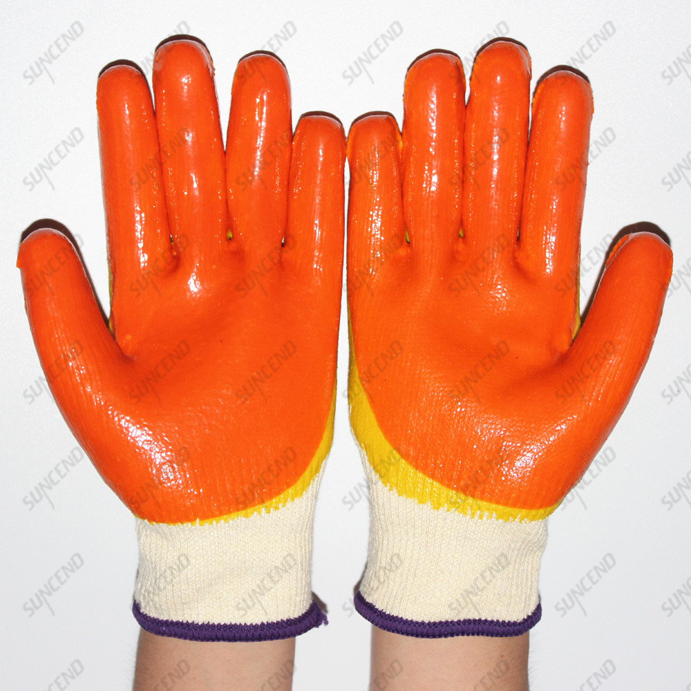2023 New Model Double Latex 3/4 Coated Thumb Reinforced Two Colors Work Gloves With Cotton Seamless Knit 